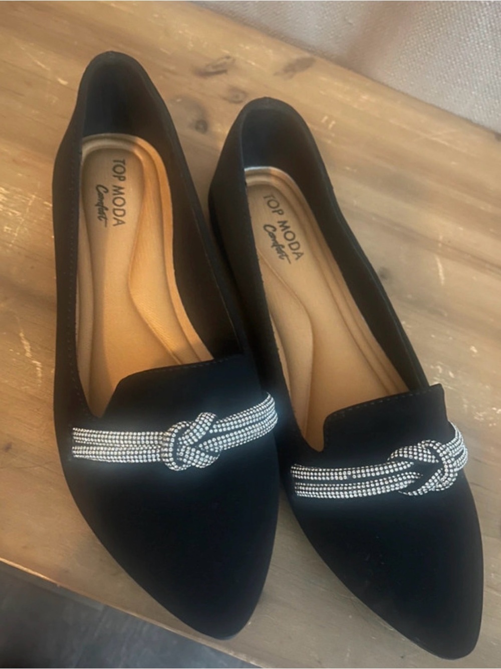 TOP Moda Black Pointed Toe Flats with Rhinestone Knot Trim